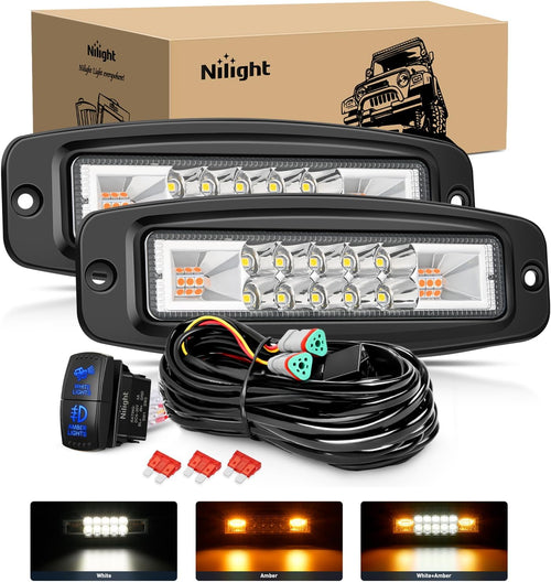 Nilight Flush Mount LED Light Pods 2PCS 6 Inch 60W Amber White 3 Lighting Modes Fog Lights Spot Flood Beam with Dual Control 18AWG Wiring Harness for Truck Pickup Golf Cart UTV ATV SUV Boat 4x4 Car