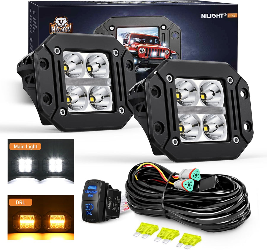 Nilight Flush Mount LED Pod Lights with Amber DRL 2PCS 4.8Inch Spot Beam 20W 2510LM Backup Reverse Offroad Driving Light w/ 16AWG Wiring kit for4x4 Truck SUV Jeep