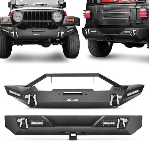 Nilight Front and Rear Bumper Compatible for 1987-2006 Wrangler TJ & YJ Rock Crawler Bumper with Hitch Receiver Winch Plate LED Lights D-Rings,Upgraded Textured Black