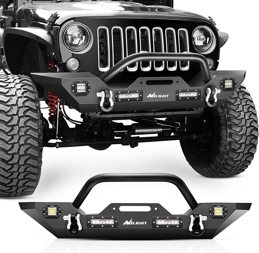 Nilight Front Bumper Compatible for 07-18 Wrangler JK & Unlimited Rock Crawler Bumper with 4 x LED Lights Winch Plate and 2 x D-Rings Upgraded Textured Black