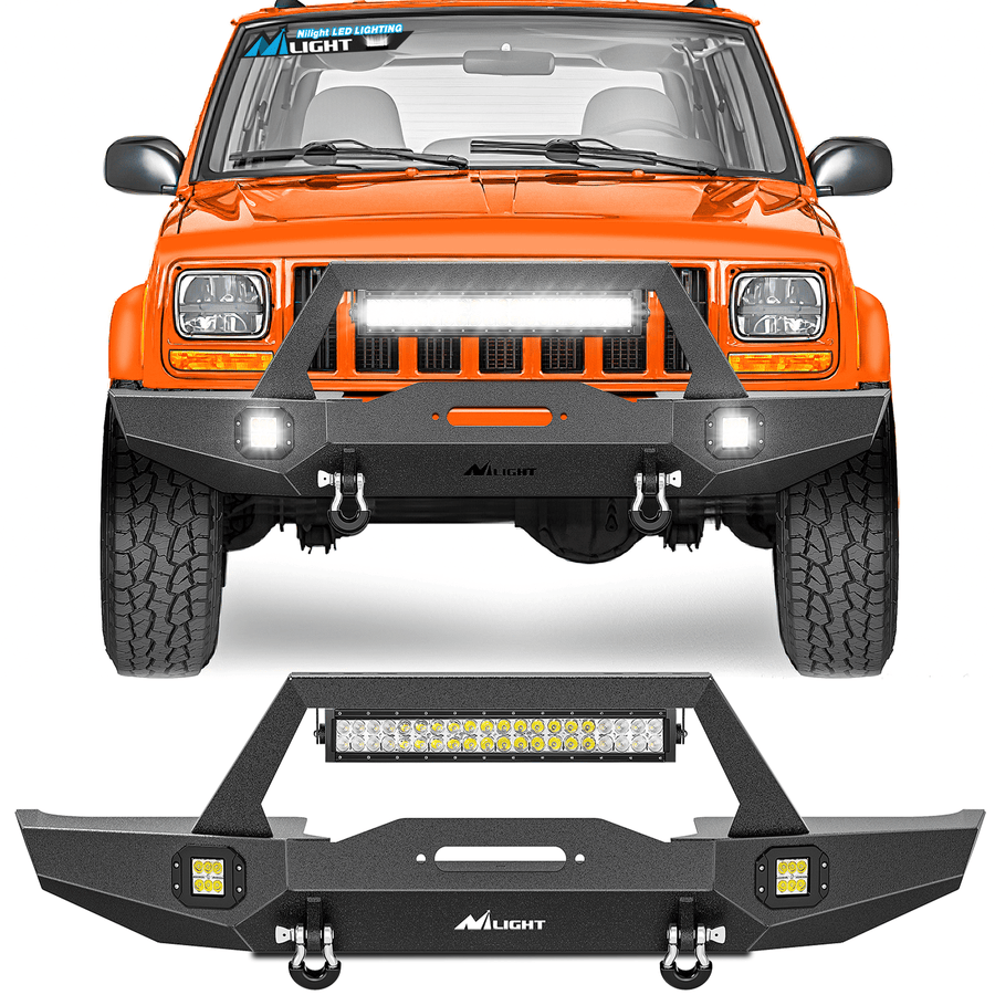 Nilight 1984-2001 Jeep Cherokee XJ Front Bumper Winch Plate 120W Light Bar 18W Light Pods