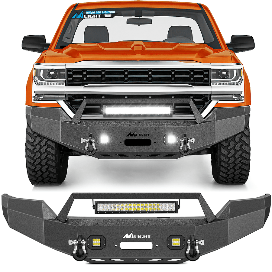 Nilight 2016 2017 2018 Chevy Silverado 1500 Front Bumper Textured Black Solid Steel 120W Light Bar 18W Light Pods