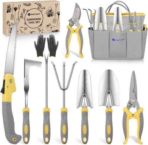 Nilight Gardening Tools 10-Piece Heavy Duty Garden Tool Set Gardening Supplies Gifts for Women Men Gardening Hand Tool Kit w Non-Slip Ergonomic Handle, Garden Bag, Durable Gloves, Pruning Shears, Gray
