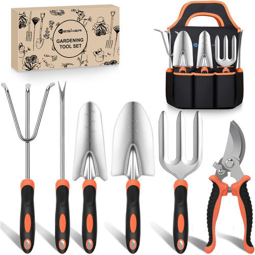 Nilight Gardening Tools 7-Piece Heavy Duty Garden Tool Set Gardening Supplies Gifts for Women Men Gardening Hand Tool Kit with Non-Slip Ergonomic Handle, Garden Bag, Pruning Shears, Black Orange