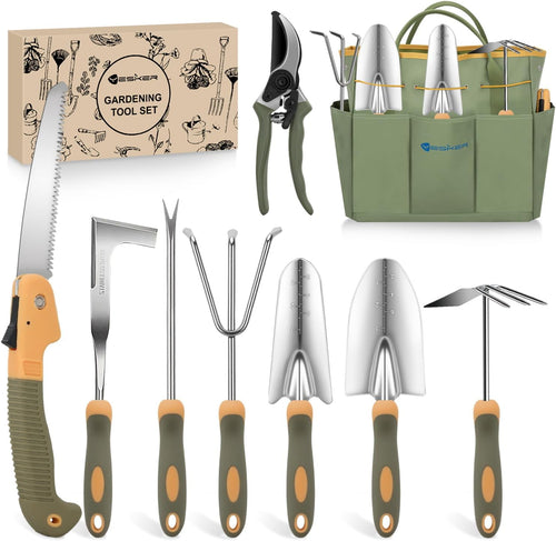 Nilight Gardening Tools 9-Piece Heavy Duty Garden Tool Set Gardening Supplies Gifts for Women Men Gardening Hand Tool Kit w Non-Slip Ergonomic Rubber Handle, Durable Garden Bag, Pruning Shears, Green