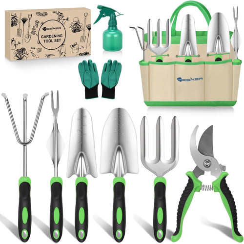 Nilight Gardening Tools 9-Piece Heavy Duty Garden Tool Set Gardening Supplies Gifts for Women Men Gardening Hand Tool Kit with Non-Slip Ergonomic Handle, Garden Bag, Durable Gloves and Shears, Green