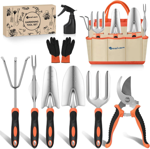 Nilight Gardening Tools 9-Piece Heavy Duty Garden Tool Set Gardening Supplies Gifts for Women Men Gardening Hand Tool Kit with Non-Slip Ergonomic Handle, Garden Bag, Durable Gloves and Shears, Orange