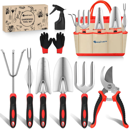 Nilight Gardening Tools 9-Piece Heavy Duty Garden Tool Set Gardening Supplies Gifts for Women Men Gardening Hand Tool Kit with Non-Slip Ergonomic Handle, Garden Bag, Durable Gloves, Pruning Shears, Red