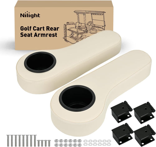 Nilight Golf Cart Armrests 2PCS Beige Flip Stand Cup Holder | No Drilling Detachable PU Leather Armrest with Iron Bracket Fits 1 Inch Square Tubes for EZGO Club Car Yamaha Rear Seat