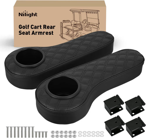 Nilight Golf Cart Armrests 2PCS Black Diamond Flip Stand Cup Holder | No Drilling Detachable PU Leather Armrest with Iron Bracket Fits 1 Inch Square Tubes for EZGO Club Car Yamaha Rear Seat