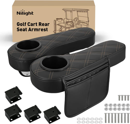Nilight Golf Cart Armrests 2PCS Black Diamond Flip Stand Storage | No Drilling Cup Holder Detachable PU Leather Armrest Fits 1 Inch Square Tubes for EZGO Club Car Yamaha Rear Seat