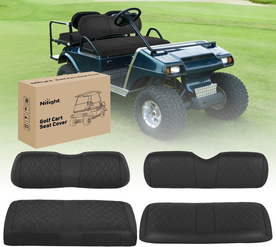 Nilight Golf Cart Seat Covers 2PCS Black Leather Club Car DS | Waterproof Leather No Staple Design All Season Protection Sun Scratch Resistant Cover Fits 2000-2026 Club Car DS