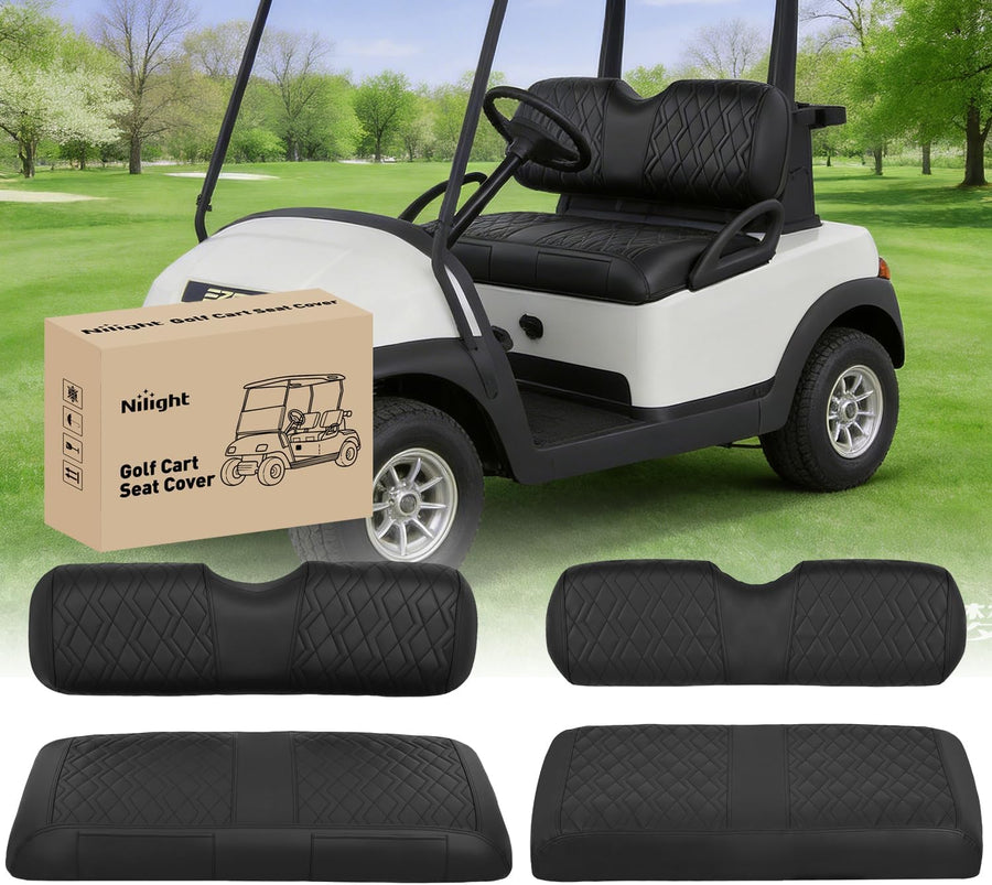 Nilight Golf Cart Seat Covers 2PCS Black Leather EZGO TXT RXV | Waterproof Leather No Staple Design All Season Protection Sun Scratch Resistant Fits 1994-2013 EZGO TXT/ RXV
