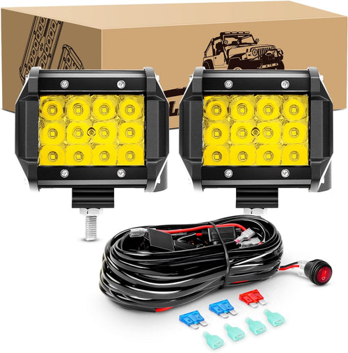 Nilight 2PCS 4 Inch Amber LED Pods 36W Triple Row Flood Light Bar Fog Light 3600LM Driving Lighting with 16AWG Off Road Wiring Harness-2 Leads for Truck Golf Cart SUV ATV UTV Boat, Clear,Yellow (Auto-650)