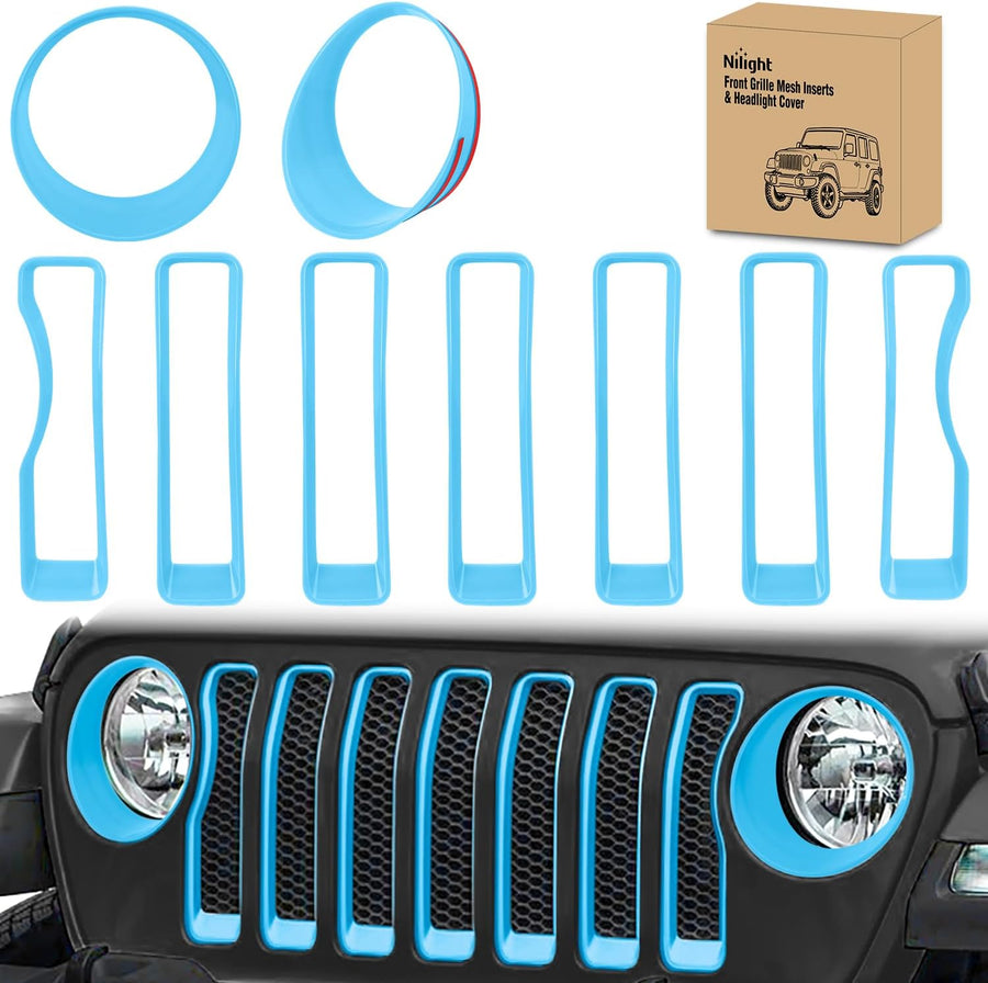 Nilight Grill Inserts fit for Jeep Wrangler Front Grille Inserts Headlight Cover Set for JL JLU Unlimited Sport SportS 2018 2019 2020 2021 2022 2023 Grille Bezels Trim Exterior Accessories Blue 9 Pcs