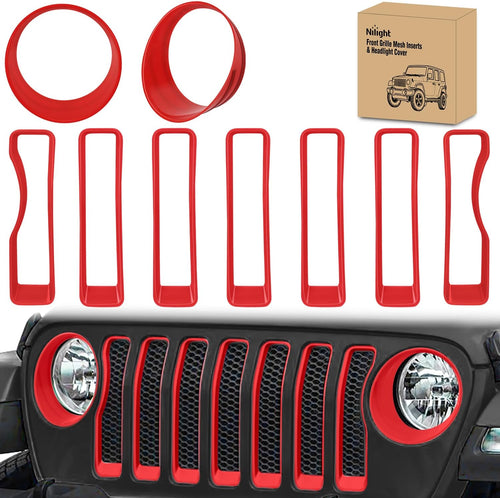 Nilight Grill Inserts fit for Jeep Wrangler Front Grille Inserts Headlight Cover Set for JL JLU Unlimited Sport SportS 2018 2019 2020 2021 2022 2023 Grille Bezels Trim Exterior Accessories Red 9 Pcs