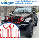 Nilight Grill Inserts fit for Jeep Wrangler Front Grille Inserts Headlight Cover Set for JL JLU Unlimited Sport SportS 2018 2019 2020 2021 2022 2023 Grille Bezels Trim Exterior Accessories Red 9 Pcs, view 2