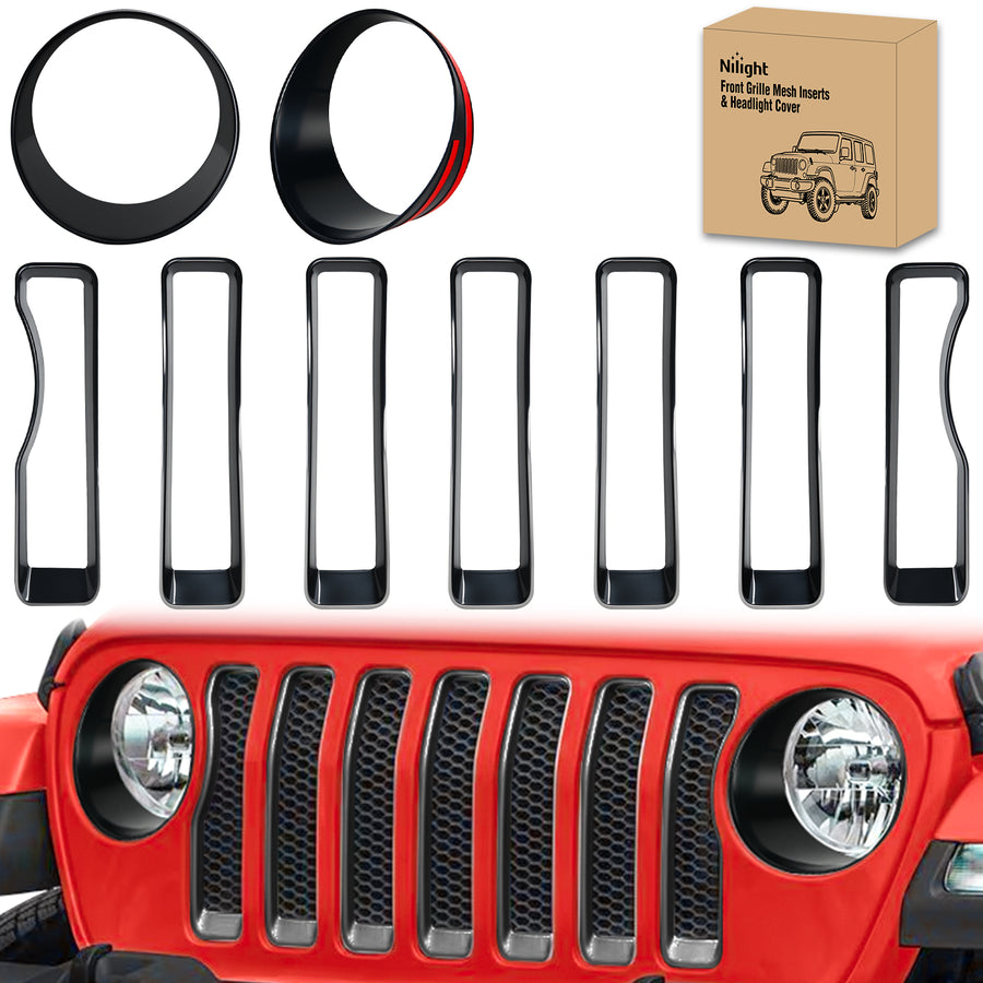 Nilight Grill Inserts fit for Jeep Wrangler Front Grille Inserts Headlight Cover Set for JL JLU Unlimited Sport SportS 2018 2019 2020 2021 2022 2023 Grille Bezels Trim Exterior