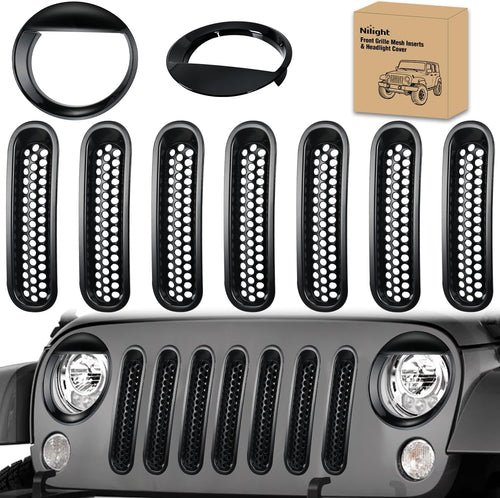 Nilight Grill Inserts fit for Jeep Wrangler Front Grille Mesh Inserts & Headlight Cover Set for JK JKU Unlimited Sports Sahara Freedom Rubicon 2007-2018 Clip-in Trim Exterior Accessories Black 9 Pcs
