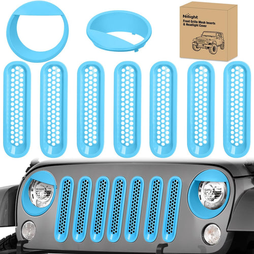 Nilight Grill Inserts fit for Jeep Wrangler Front Grille Mesh Inserts & Headlight Cover Set for JK JKU Unlimited Sports Sahara Freedom Rubicon 2007-2018 Clip-in Trim Exterior Accessories Blue 9 Pcs
