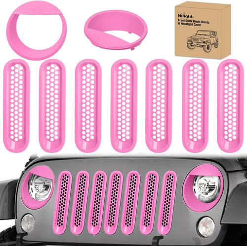 Nilight Grill Inserts fit for Jeep Wrangler Front Grille Mesh Inserts & Headlight Cover Set for JK JKU Unlimited Sports Sahara Freedom Rubicon 2007-2018 Clip-in Trim Exterior Accessories Pink 9 Pcs