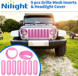 Nilight Grill Inserts fit for Jeep Wrangler Front Grille Mesh Inserts & Headlight Cover Set for JK JKU Unlimited Sports Sahara Freedom Rubicon 2007-2018 Clip-in Trim Exterior Accessories Pink 9 Pcs, view 2