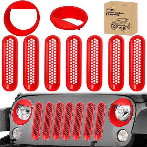 Nilight Grill Inserts fit for Jeep Wrangler Front Grille Mesh Inserts & Headlight Cover Set for JK JKU Unlimited Sports Sahara Freedom Rubicon 2007-2018 Clip-in Trim Exterior Accessories Red 9 Pcs