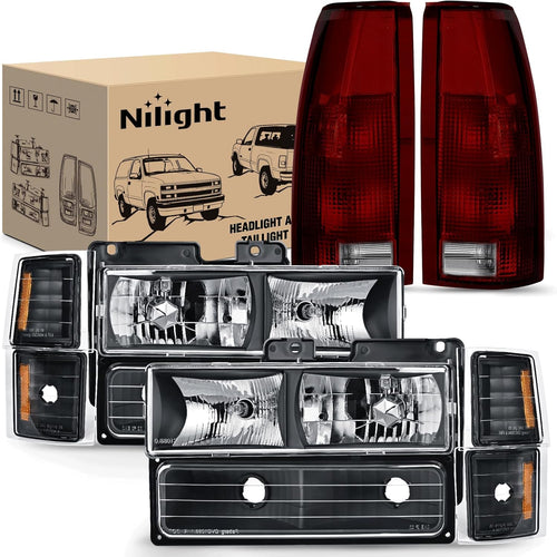 Nilight Headlight and Taillight Assembly Combo Compatible with 1994 1995 1996 1997 1998 Chevy Silverado Tahoe Suburban C10 C/K 1500 2500 3500 Tail Light Black Housing Amber Reflector Bumper Lamp