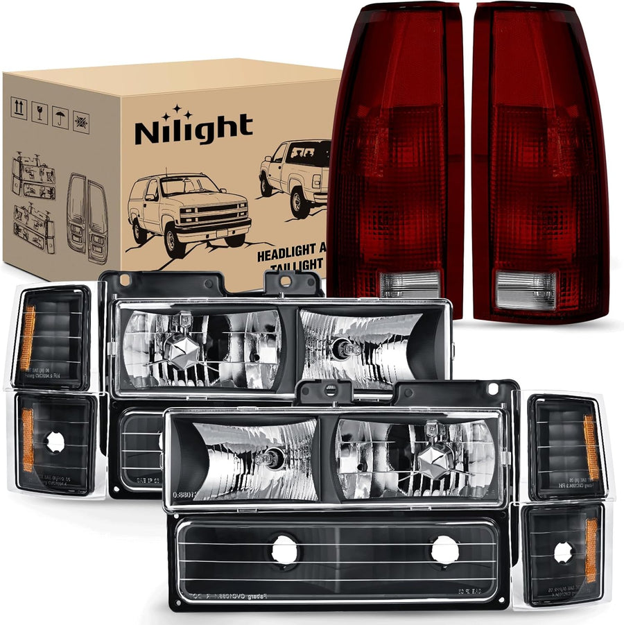 Nilight Headlight and Taillight Assembly Combo Compatible with 1994 1995 1996 1997 1998 Chevy Silverado Tahoe Suburban C10 C/K 1500 2500 3500 Tail Light Black Housing Amber Reflector Bumper Lamp