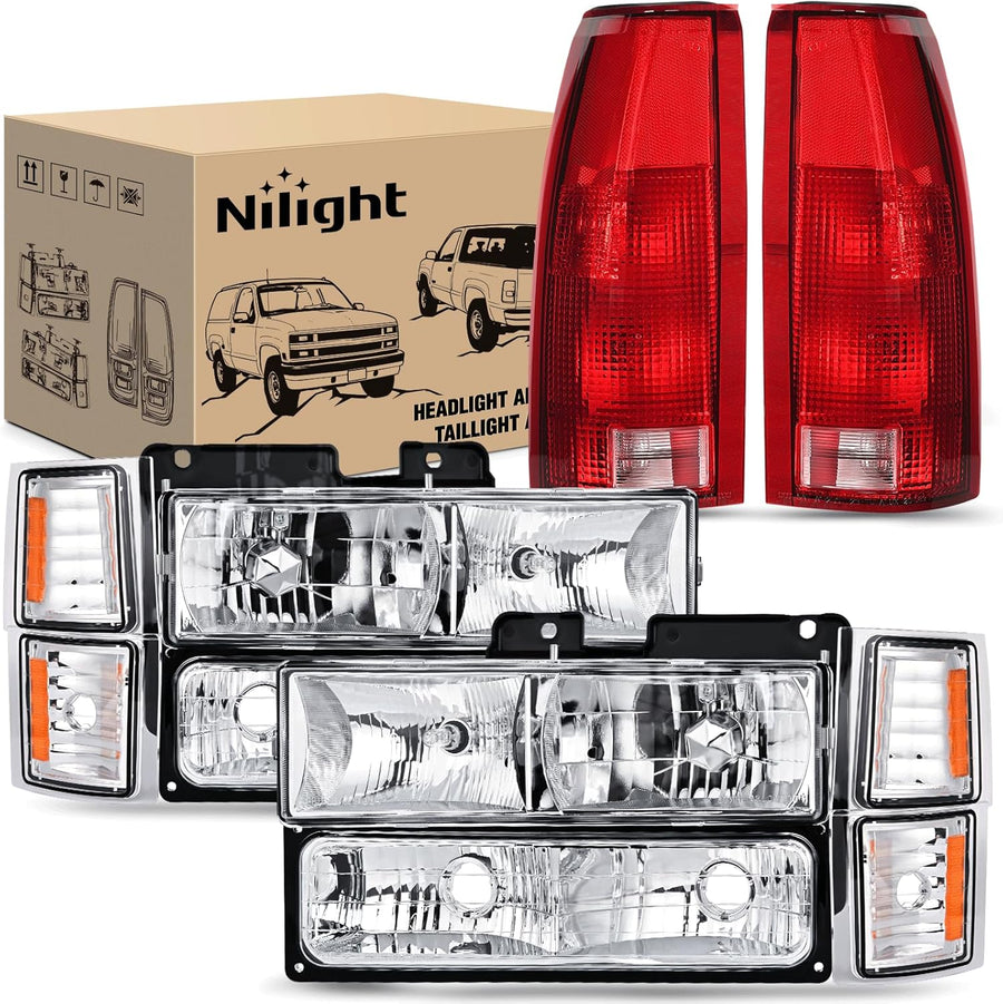 Nilight Headlight and Taillight Assembly Combo Compatible with 1994 1995 1996 1997 1998 Chevy Silverado Tahoe Suburban C10 C/K 1500 2500 3500 Tail Light Chrome Housing Amber Reflector Bumper Lamp