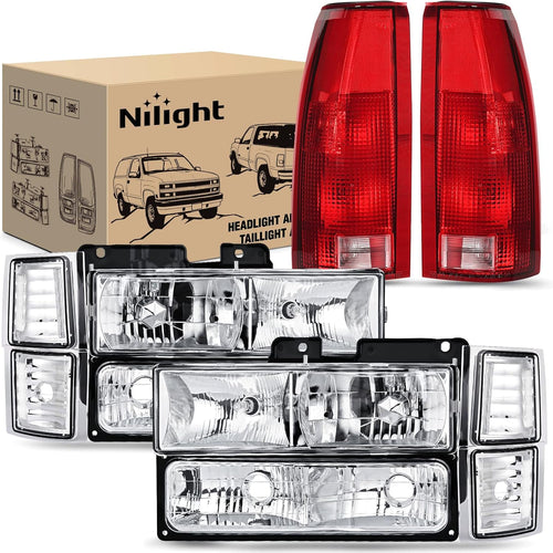 Nilight Headlight and Taillight Assembly Combo Compatible with 1994 1995 1996 1997 1998 Chevy Silverado Tahoe Suburban C10 C/K 1500 2500 3500 Tail Light Chrome Housing Clear Reflector Bumper Lamp