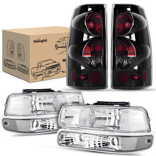 Nilight Headlight and Taillight Assembly Combo Compatible with 1999 2000 2001 2002 Chevy Silverado 1500 2500 1500HD 2500HD 3500 OE Style Chrome Housing Clear Reflector Smoke