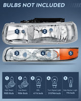 Nilight Headlight and Taillight Assembly Combo Compatible with 1999 2000 2001 2002 Chevy Silverado Fleetside only OE Style Chrome Housing Amber Reflector with Red Housing Tail Lights, view 3
