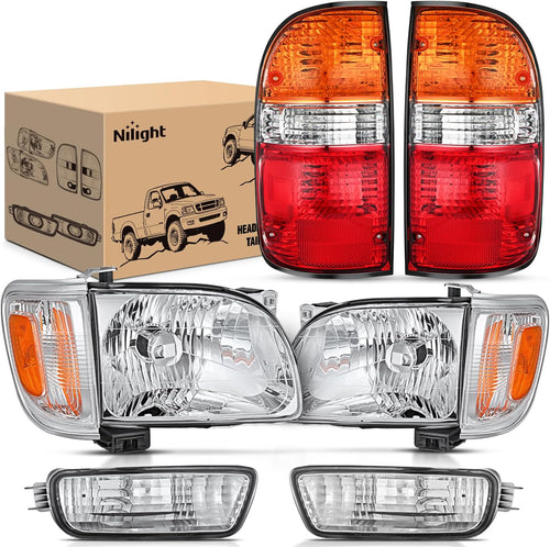 Nilight Headlight and Taillight Assembly Combo Compatible with 2001 2002 2003 2004 Toyota Tacoma OE Style Chrome Housing Amber Reflector with Red Housing Tail Lights