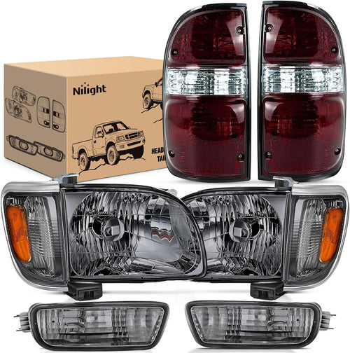 Nilight Headlight and Taillight Assembly Combo Compatible with 2001 2002 2003 2004 Toyota Tacoma OE Style Chrome Housing Smoke Lens Amber Reflector with Dark Red Housing Tail Lights