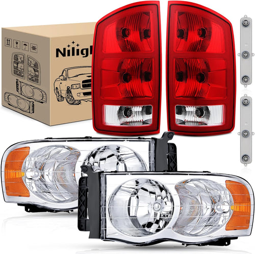 Nilight Headlight and Taillight Assembly Combo Compatible with 2002 2003 2004 2005 Ram 1500 2500 3500 Chrome Housing Amber Reflectors Headlamp with Red Tail Light