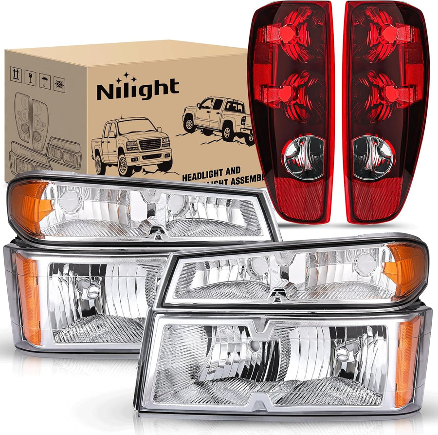 Nilight Headlight and Taillight Assembly Combo Compatible with 2004 2005 2006 2007 2008 2009 2010 2011 2012 Chevy Colorado GMC Canyon OE Style Chome Housing Amber Reflector with Red Tail Light