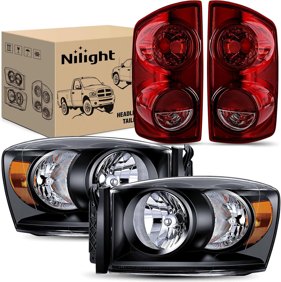 Nilight Headlight and Taillight Assembly Combo Compatible with 2007 2008 2009 Dodge Ram 1500 2500 3500 OE Style Black Housing Amber Reflector with Smoke Housing Tail Lights