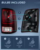 Nilight Headlight and Taillight Assembly Combo Compatible with 2009 2010 2011 2012 2013 2014 2015 2016 2017 2018 Dodge Ram for Quad Models Black Housing Clear Reflector with Dark Red Tail Light, view 6