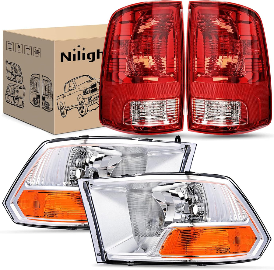 Nilight Headlight and Taillight Assembly Combo Compatible with 2009 2010 2011 2012 Dodge Ram 1500 2500 3500 OE Style Chrome Housing Amber Reflector with Red Housing Tail Lights