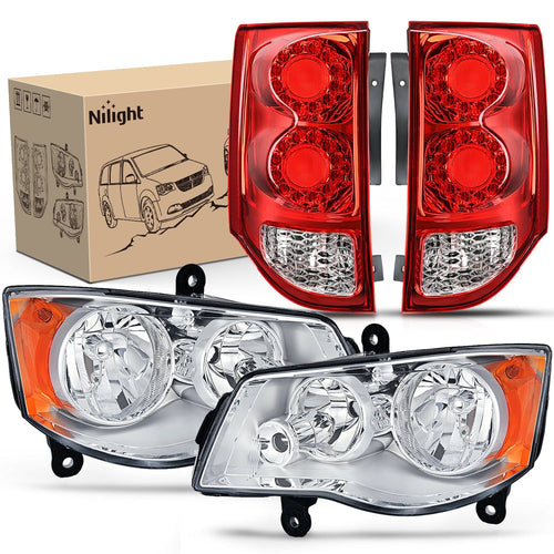 Nilight Headlight and Taillight Assembly Combo Compatible with 2011 2012 2013 2014 2015 2016 2017 2018 2019 2020 Dodge Grand Caravan OE Style Chrome Housing Amber Reflector with Red Housing Tail Light