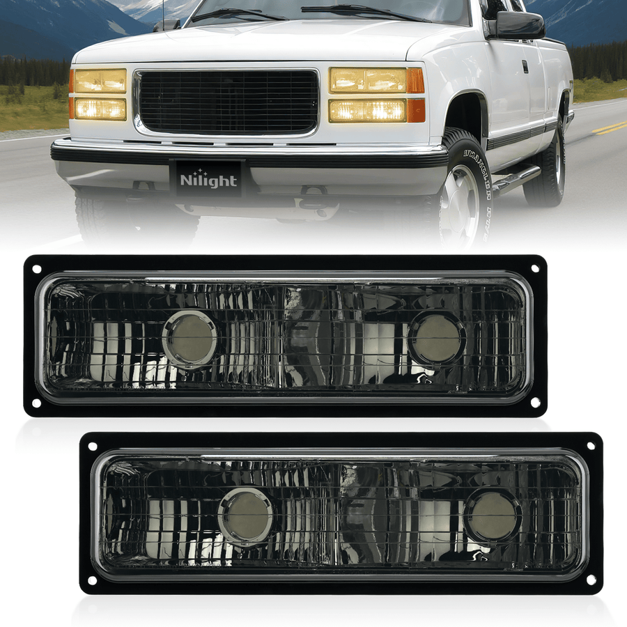Nilight Headlight Assembly Compatible with 1988 1989 1990 1991 1992 1993 1994 1995 1996 1997 1998 Chevrolet GMC C10 C/K 1988-1999 Silverado Suburban Sierra Blazer Tahoe Yukon Smoke Lens Bumper Lights