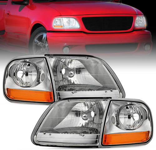 Nilight Headlight Assembly Compatible with 1997 1998 1999 2000 2001 2002 2003 Ford F-150 Expedition Chrome Housing Amber Reflector