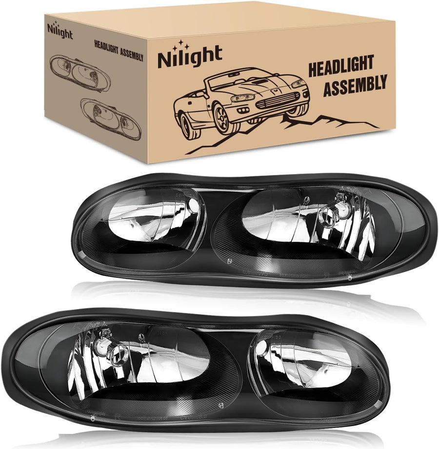 Nilight Headlight Assembly Compatible with 1998-2002 Chevy Camaro | 1998 1999 2000 2001 2002 Chevy Chevrolet Camaro OE Style Halogen Replacement Headlamps Black Housing