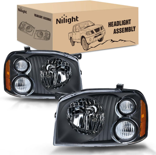 Nilight Headlight Assembly Compatible with 2001 2002 2003 2004 Nissan Frontier XE OE Style Replacement Halogen Headlights Black Housing Amber Reflector Clear Turn Light Headlamp Passenger and Driver