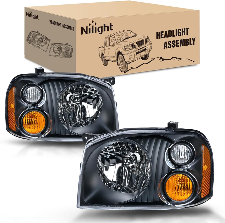Nilight Headlight Assembly Compatible with 2001 2002 2003 2004 Nissan Frontier XE OE Style Replacement Halogen Headlights Black Housing Amber Reflector Headlamp Passenger and Driver