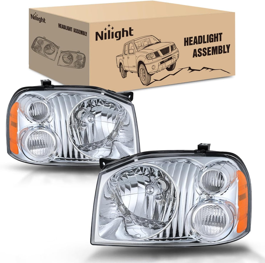 Nilight Headlight Assembly Compatible with 2001 2002 2003 2004 Nissan Frontier XE OE Style Replacement Halogen Headlights Chrome Housing Amber Reflector Clear Turn Light Headlamp Passenger and Driver