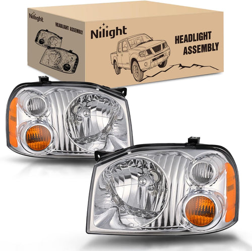 Nilight Headlight Assembly Compatible with 2001 2002 2003 2004 Nissan Frontier XE OE Style Replacement Halogen Headlights Chrome Housing Amber Reflector Headlamp Passenger and Driver
