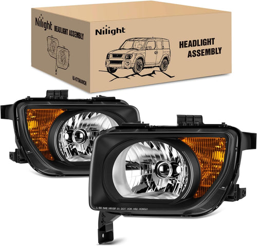 Nilight Headlight Assembly Compatible with 2003 2004 2005 2006 Honda Element OE Style Replacement Halogen Headlights Black Housing Amber Reflector Headlamp Passenger and Driver Side