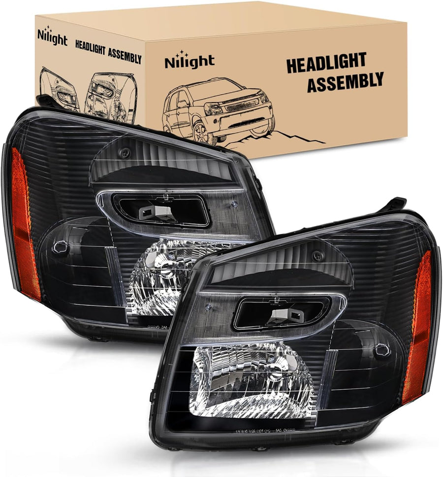 Nilight Headlight Assembly Compatible with 2005 2006 2007 2008 2009 Chevy Equinox SUV OE Style Replacement Headlights Black Housing Amber Reflector Headlamp Passenger and Driver Side
